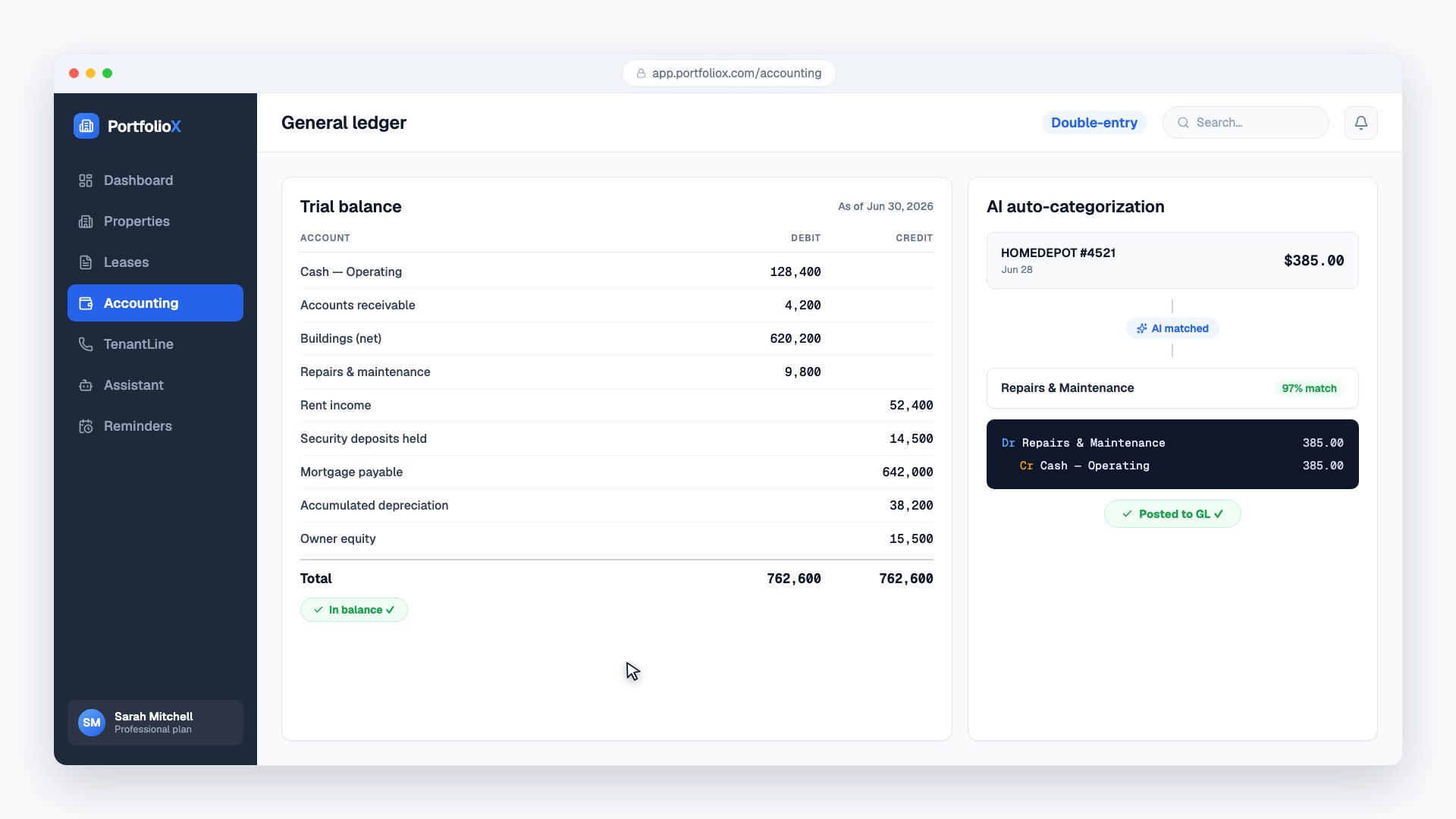 Double-entry general ledger with AI bank transaction matching