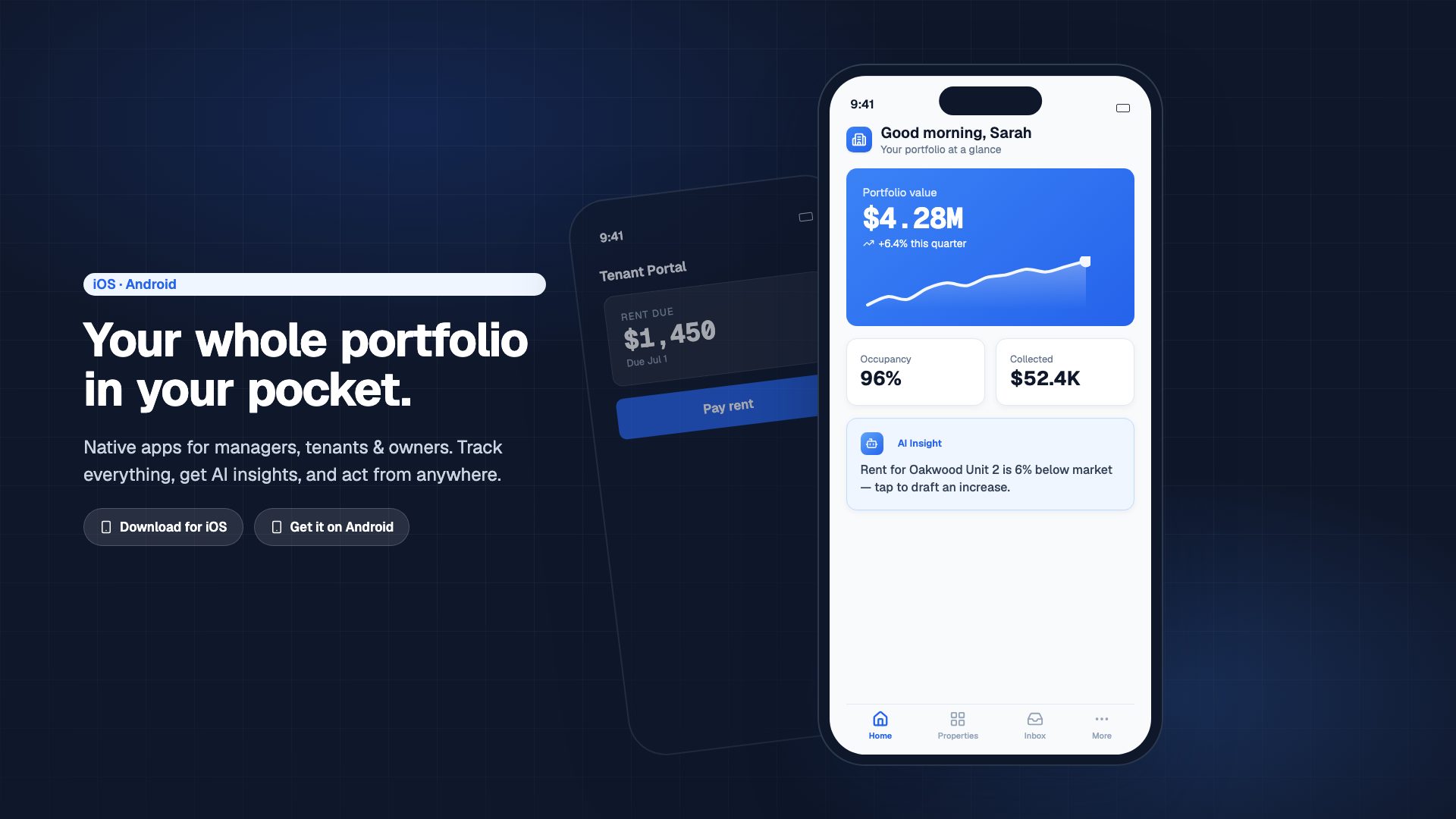 PortfolioX native mobile apps for managers, tenants and owners