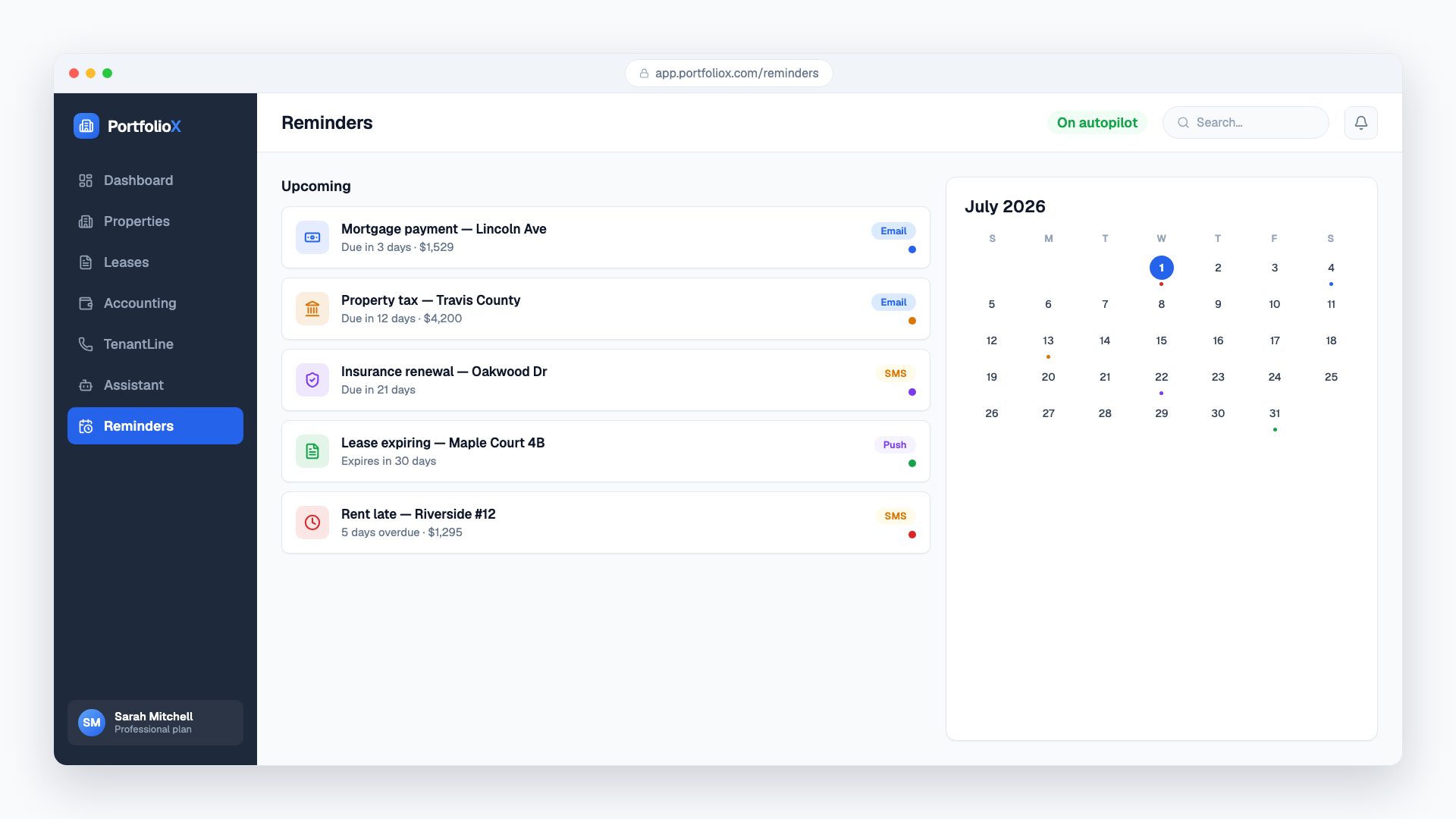 Automated reminders for mortgage, tax, insurance and lease deadlines