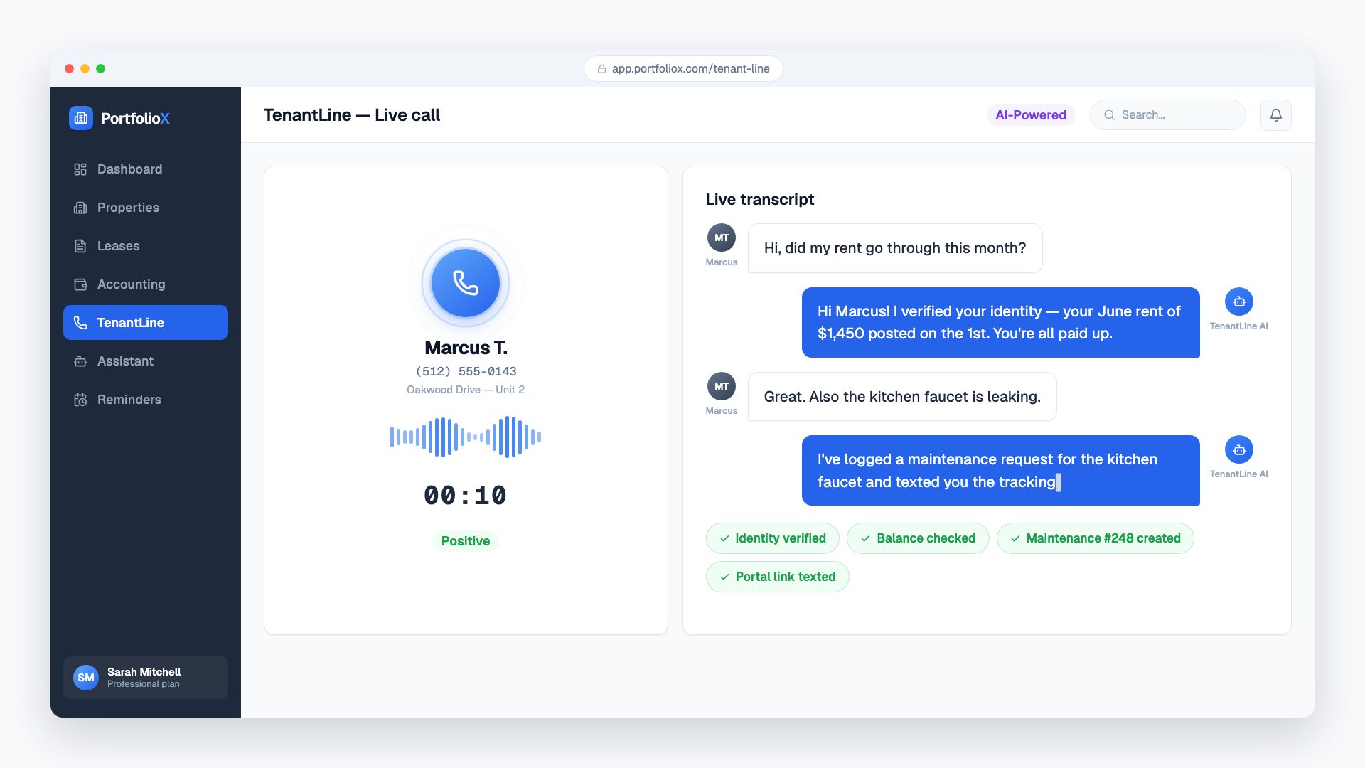 TenantLine AI answering a tenant call and handling requests live